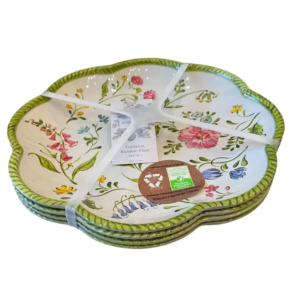 NEW Shabby Chic Floral Melamine Salad Plates 9in Set of 4 Scalloped Green Border